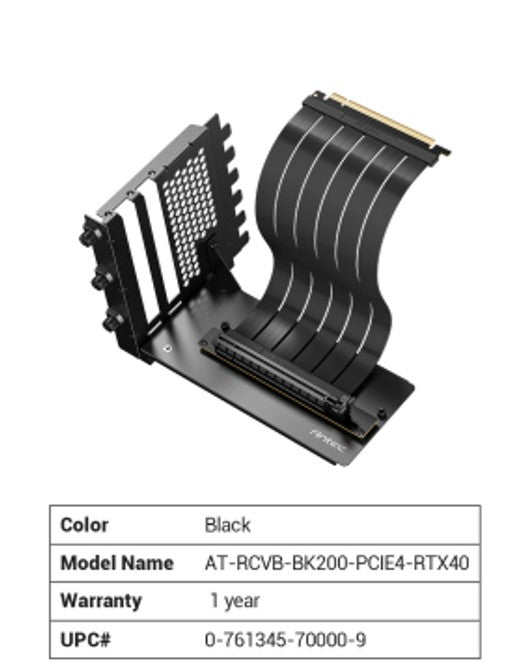 Antec Adjustable Vertical Bracket with 200mm High Performance PCI-E Riser Cable. New 2024. Black Universal Case support(LS)