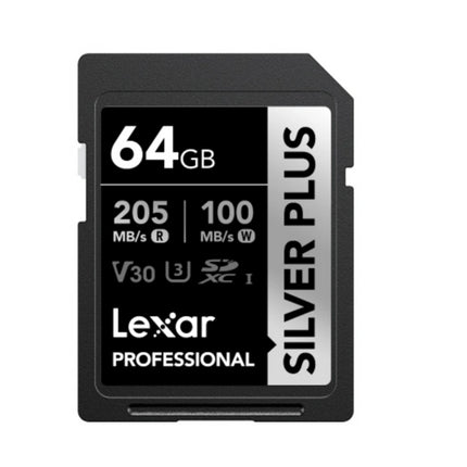 Lexar Professional SILVER PLUS 64GB SDXC™ UHS-I Card 64GB- C10, UHS-I (V30), U3, up to 205MB/s read, 100MB/s write shot and smoothly shoots up to 4K