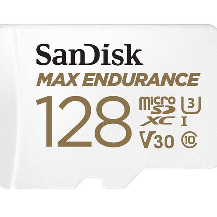 SanDisk Max Endurance 128GB microSD 100MB/s 40MB/s 20K hrs 4K UHD C10 U3 V30 -40°C to 85°C Heat Freeze Shock Temperature Water X-ray Proof SD Adapter