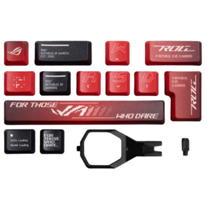 ASUS ROG Dye-Sub PBT Keycaps for ROG NX switches are made of premium, durable PBT and feature dye-sublimated legends and stylish ROG elements.