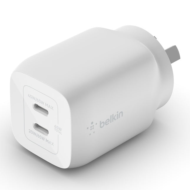 Belkin BoostCharge Pro Dual USB-C GaN Wall/Laptop Charger with PPS 65W - White(WCH013auWH),1*USB-C(45/65W),1*USB-C (20/65W), Compact, 2 Years Warranty