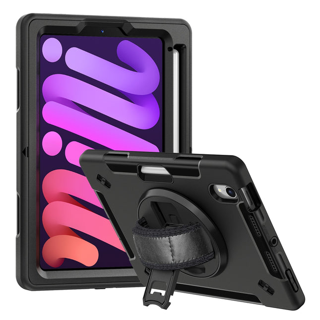 USP Rugged Apple iPad Mini (8.3') (6th Gen) Case with Sling Black - Built-in-Kickstand, Adjustable Hand Strap, Shoulder Strap, Pen Holder, DropProof