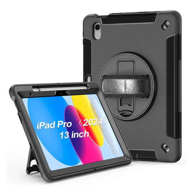 USP Rugged Apple iPad Pro M4 (13') (7th Gen) Case Black - Built-in-Kickstand, Adjustable Hand Strap, Shoulder Strap, Pen Holder, DropProof, ShockProof