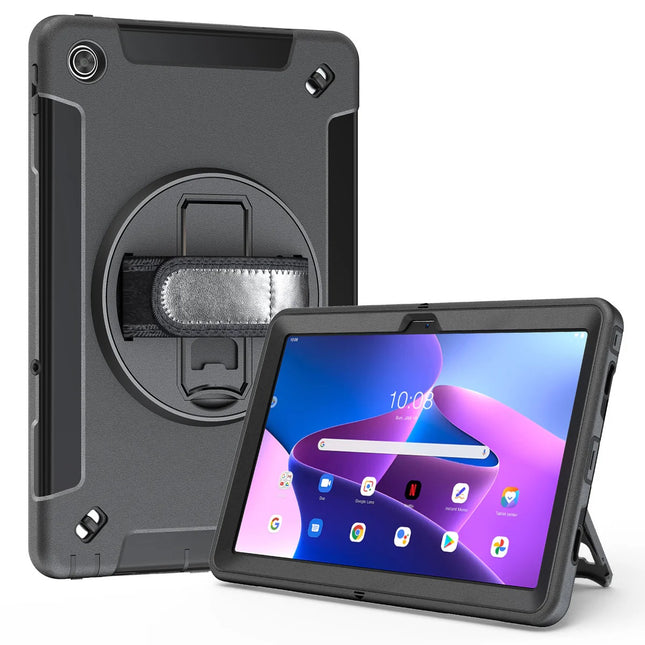 USP Rugged Lenovo Tab M10 Plus (10.6') (3rd Gen) Case + Screen Protector Black - Built-in-Kickstand, Adjustable Hand Strap, DropProof, ShockProof