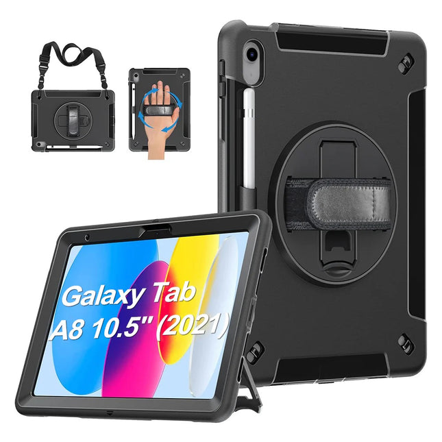 USP Rugged Samsung Galaxy Tab A8 (10.5') Case Black - Built-in-Kickstand, Adjustable Hand Strap, Shoulder Strap, Pen Holder, DropProof, ShockProof