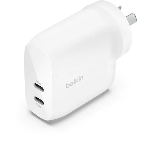 Belkin BoostCharge Pro Dual USB-C Wall Charger with PPS 60W - White (WCB010auWH), 2XUSB-C Ports  ,Compact & Travel Ready, CEW $2500,2 Years Warranty