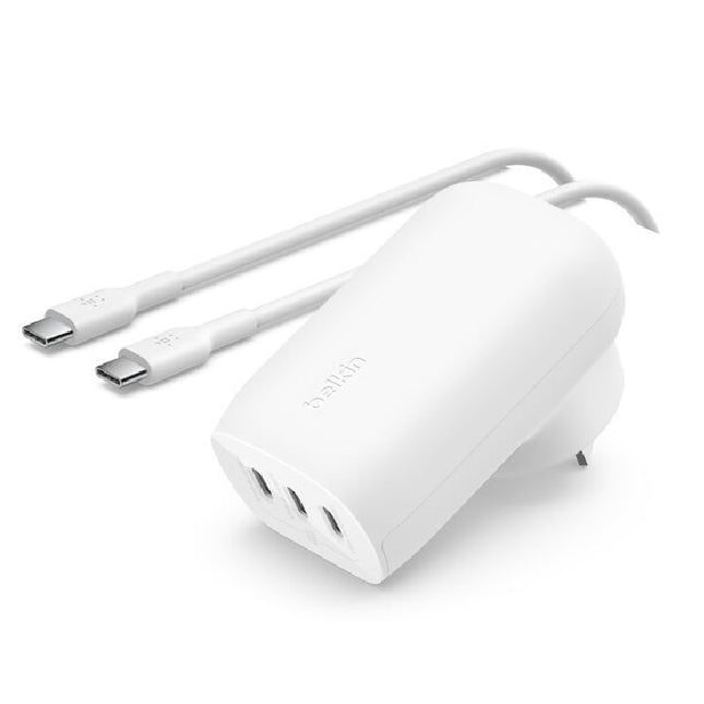 Belkin BoostCharge 3 Port USB-C Wall Charger With PPS 67W + USB-C to USB-C Cable – White (WCC002au2MWH-B6),Travel-Friendly, $2500 CEW, 2 Year Warranty
