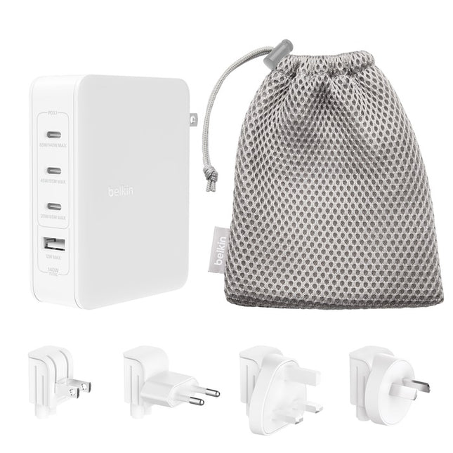 Belkin BoostCharge Pro 140W 4-Port GaN Wall Charger - White (WCH014BTWH-V3), 3x USB-C, 1xUSB-A, 2M Cable,Intelligent And Fast Charger,2 Years Warranty