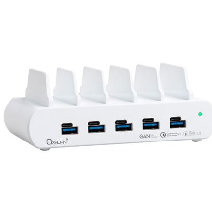 Oxhorn PoverDelivery150W 5 Port (A+C) Fast Charging Dock with build-in rack5 Port USB-A USB-C PD3.0 QC4.0 PPS 100-240V AC input White