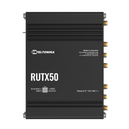 Teltonika RUTX50 Industrial 5G Router, 5G dual SIM cellular, 5 Gigabit Ethernet ports, dual-band WI-Fi, PSU included