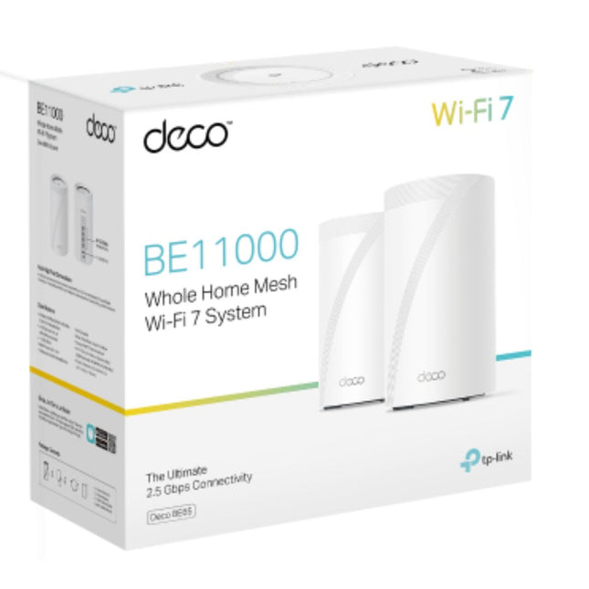 TP-Link Deco Deco BE65(2-pack) BE11000 Whole Home Mesh Wi-Fi 7 System  (WIFI7)  574 Mbps at 2.4 GHz + 4320 Mbps at 5 GHz + 5760 Mbps at 6 GHz