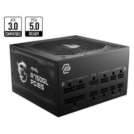 MSI MAG A750GL PCIE5 750W Up to 90% (80 Plus Gold) ATX Power Supply Unit, PFC, 100~240 VAC, 750W, 47-63Hz, PCI-E, SATA, FDD