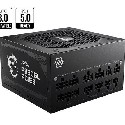 MSI MAG A850GL PCIE5 850W Up to 90% (80 Plus Gold) ATX Power Supply Unit, PFC, 100~240 VAC, 850W, 47-63Hz, PCI-E, SATA, FDD
