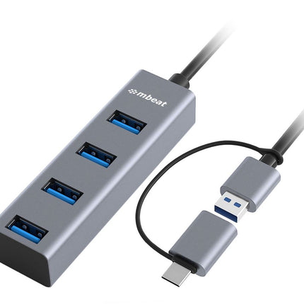 mbeat® 4-Port USB 3.0 Hub with 2-in-1 USB 3.0 & USB-C Converter - Space Grey transfer speeds up to 5Gbps  Material: Aluminium Weight: 48g