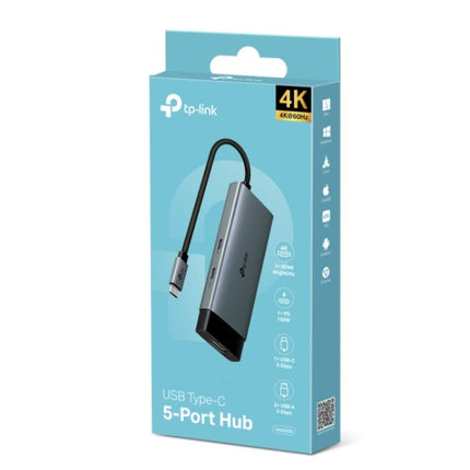 TP-Link UH5020C USB Type-C 5 in 1 Hub, 4K@60Hz HDMI, 100W Power Delivery, 1× USB-C Data Port, 2× USB-A Data Ports.