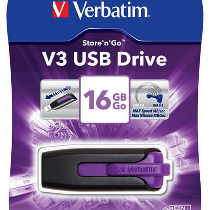 Verbatim 16GB V3 USB3.0 Violet Store'n'Go V3; Rectractable USB Storage Drive Memory Stick