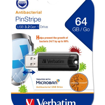 Verbatim 64GB Antibacterial Pinstripe USB 3.0 Drive (with Microban®) Black