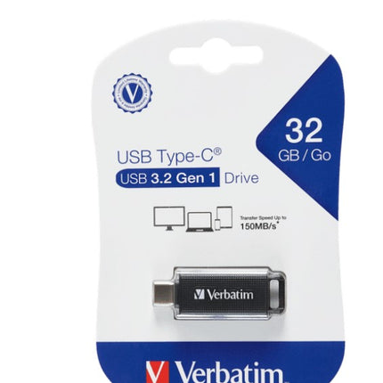 Verbatim 32GB Type-C USB 3.2 Flash Drive - Black Retail Pack 70903 Ultra Fast Transfer, Compact and Light weight design