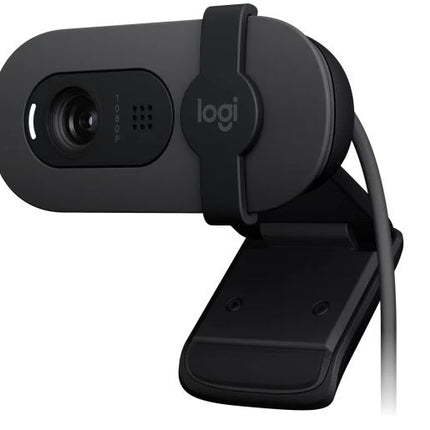 Logitech Brio100 Full HD 1080p webcam with auto-light balance, integrated privacy shutter, and built-in mic